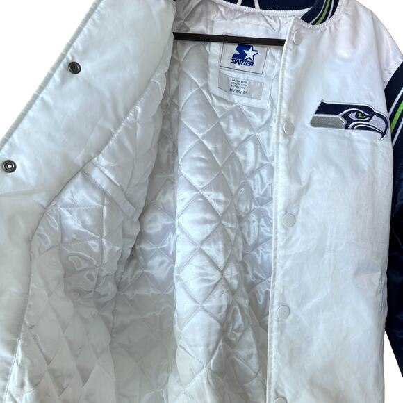 Rare White Starter Seattle Seahawks NFL Satin Bomber Jacket Medium - Picture 5 of 11